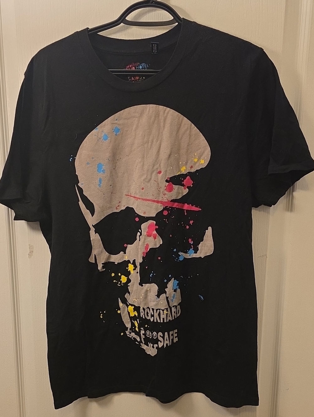 H&M Black Skull Tee with Pink Blue and Yellow Splatter